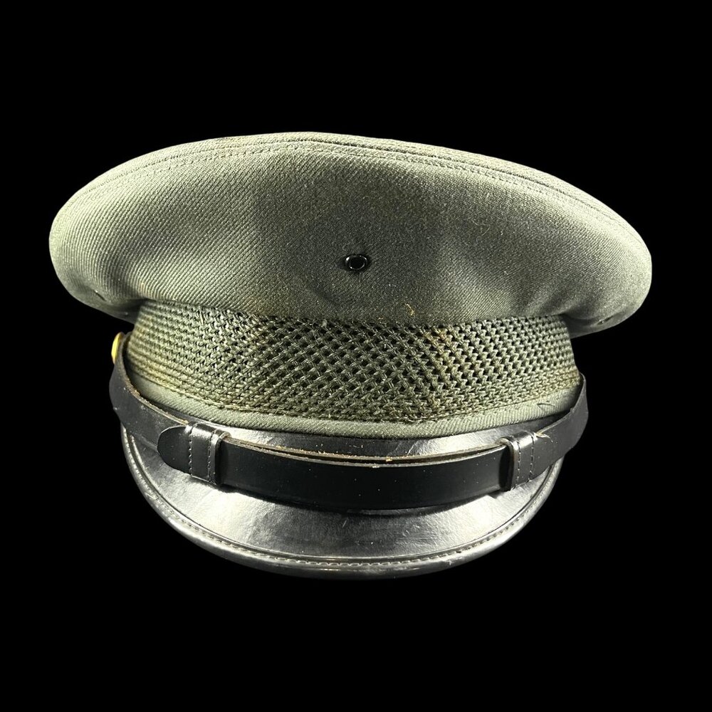 Vintage Military Style Green Cap With Black Brim & Gold Button Detail